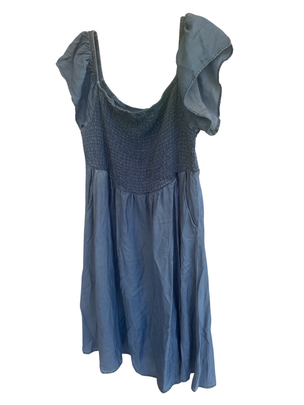Torrid Blue Chambray Off Shoulder Smocked Dress Size 1 Lyocell Pocket - Picture 3 of 7